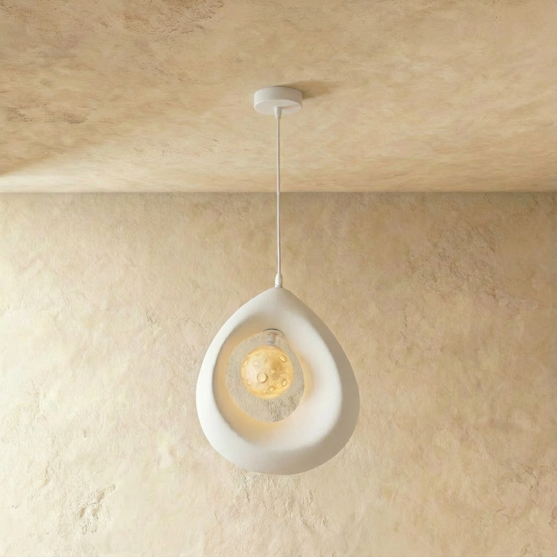 Clérachic white textured teardrop pendant with a cut-out opening and a glowing crater-textured globe, on a white cord.