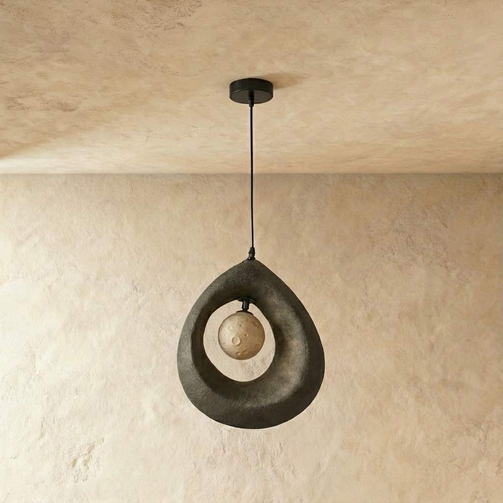 Clérachic dark grey roughcast teardrop pendant with the crater-textured globe unlit inside its open ring, on a black cord.