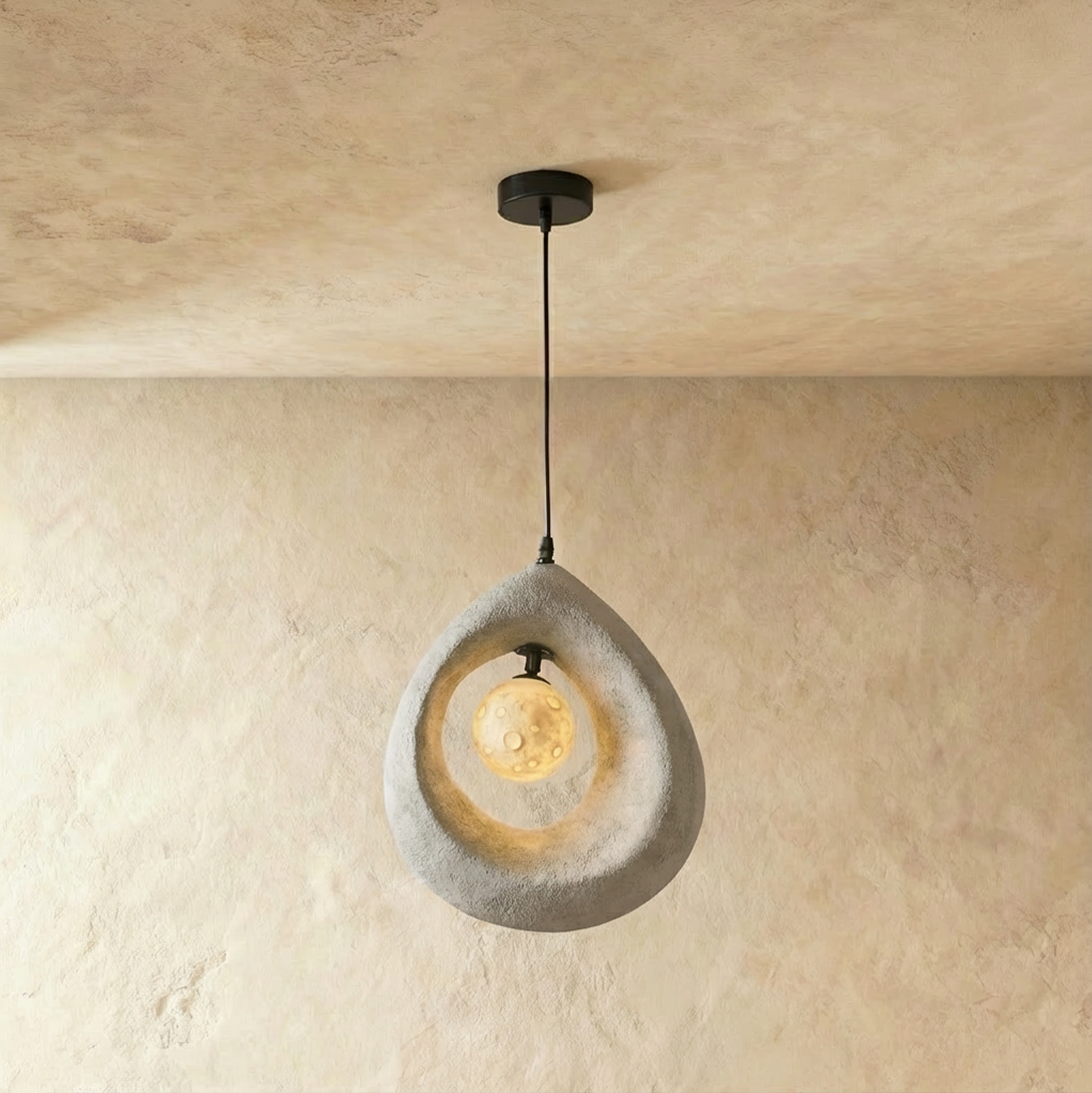 Clérachic light grey roughcast teardrop pendant with a softly lit crater-textured globe inside the ring, on a black cord.