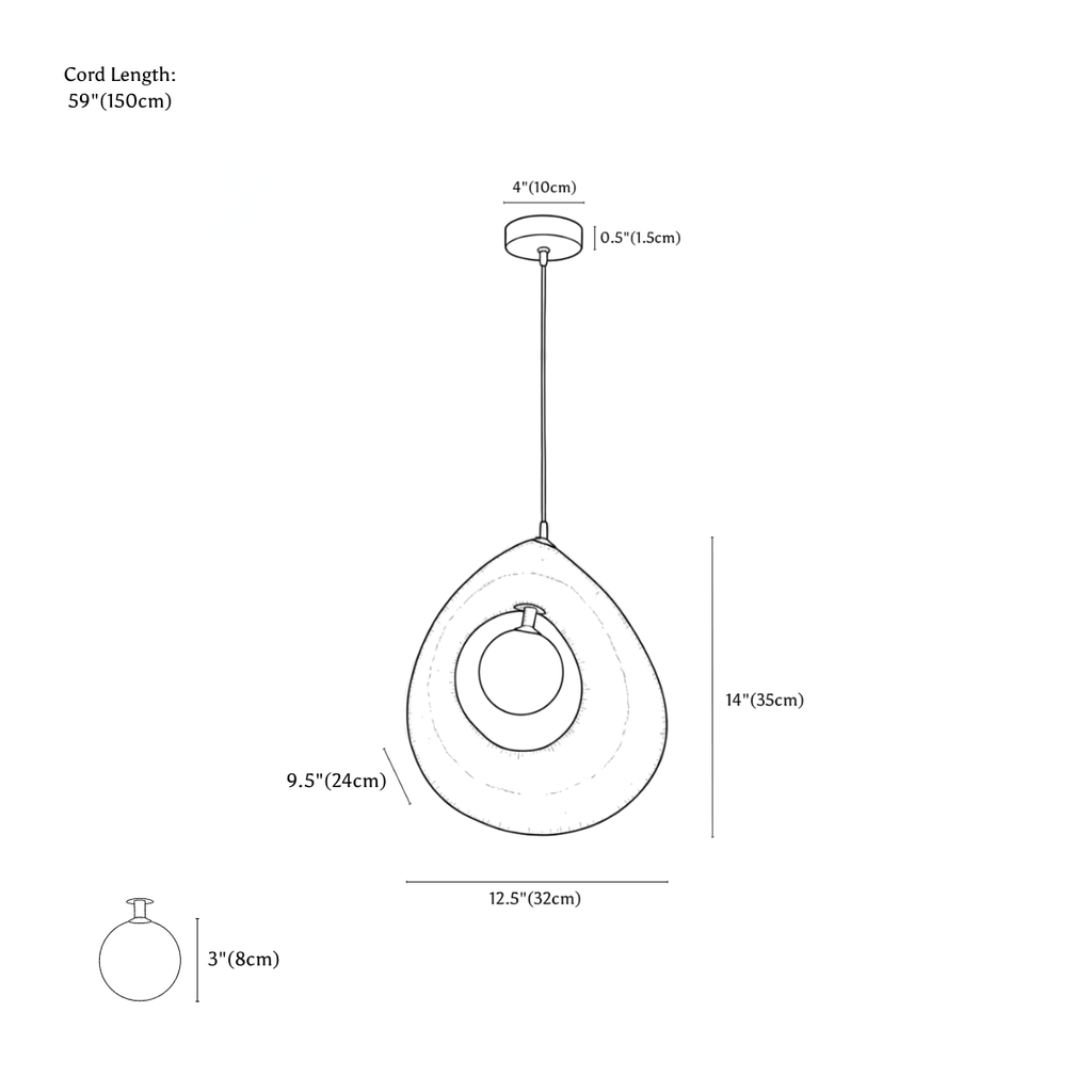 Clérachic pendant light dimension drawing, every measurement marked in centimetres and inches.