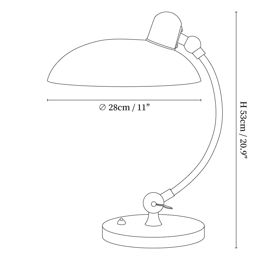 Dimension drawing of the retro curve desk lamp, in outline against white.