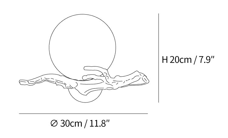 Dimension drawing of the retro twigs wall lamp, in outline against white.