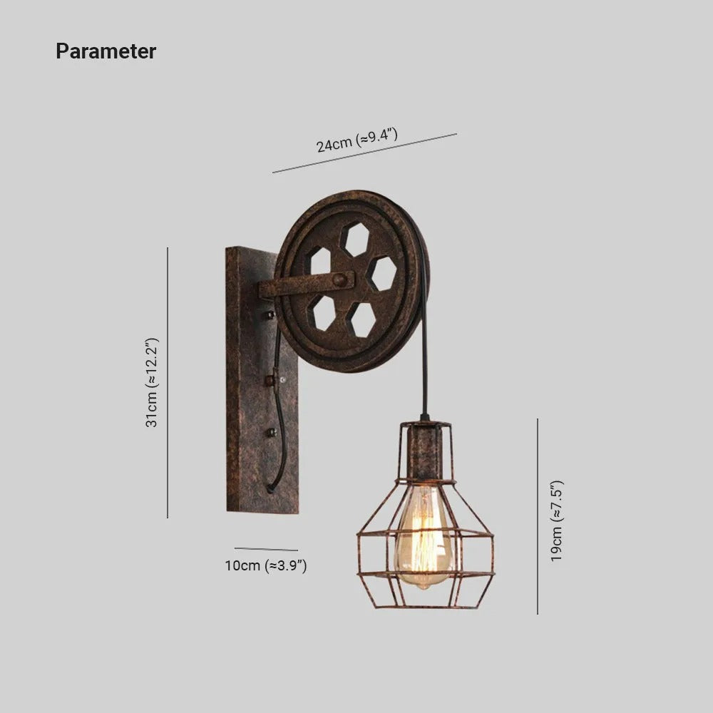 Dimension chart for the Clérachic pulley sconce: 24cm wide, 31cm tall, 10cm deep, 19cm drop.