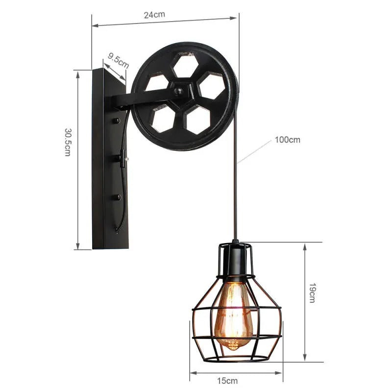 Technical drawing of the Clérachic pulley sconce in black, showing the 100cm adjustable cord.