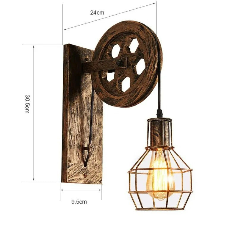 Dimension drawing of the Clérachic pulley sconce in the weathered wood-tone finish.