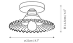 Clérachic ceiling light dimension drawing, every measurement marked in centimetres and inches.