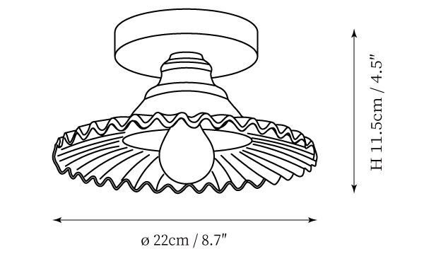 Clérachic ceiling light dimension drawing, every measurement marked in centimetres and inches.
