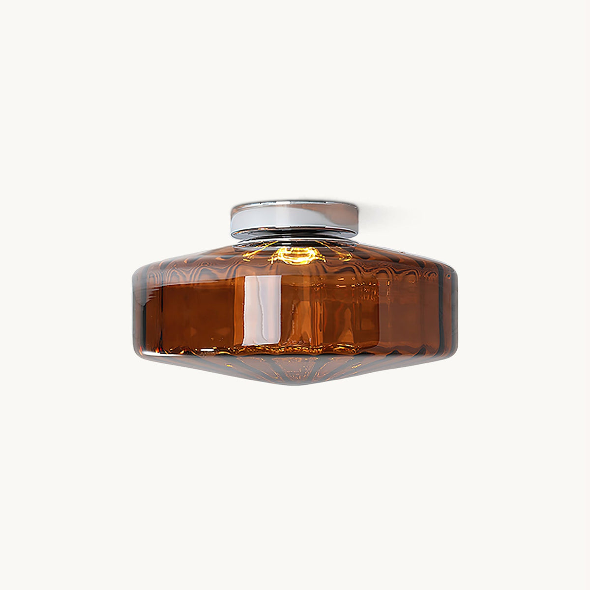 Brown ribbed glass dome on a chrome ceiling plate, on this Clérachic ceiling light, shown on a plain white backdrop.