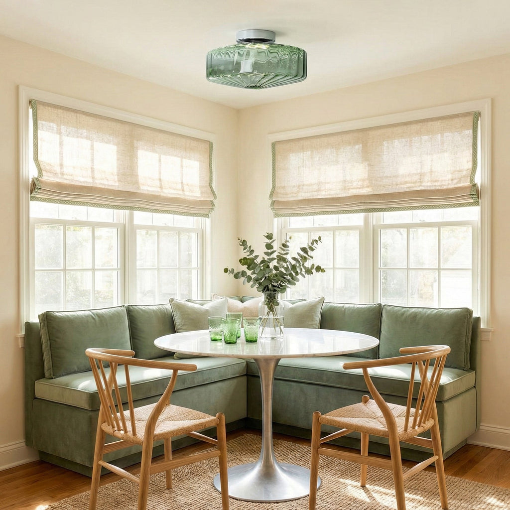 This Clérachic ceiling light in green ribbed glass hangs in a breakfast nook with a green banquette and two wooden chairs.