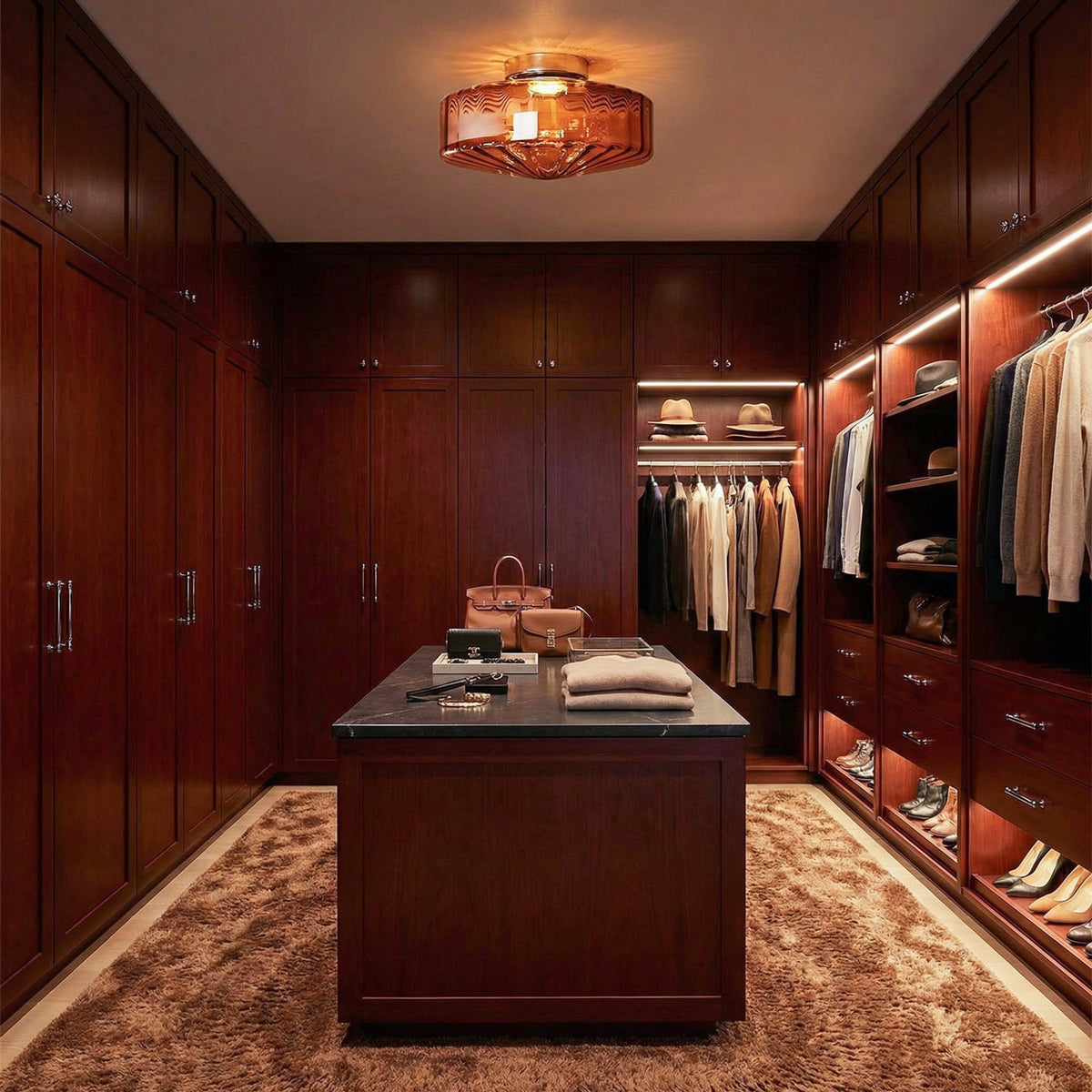 A brown glass Clérachic ceiling light lit above the island of a walk-in wardrobe lined with dark wood cabinets.
