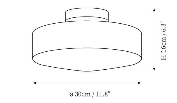 Clérachic ceiling light dimension drawing, every measurement marked in centimetres and inches.