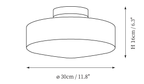 Clérachic ceiling light dimension drawing, every measurement marked in centimetres and inches.