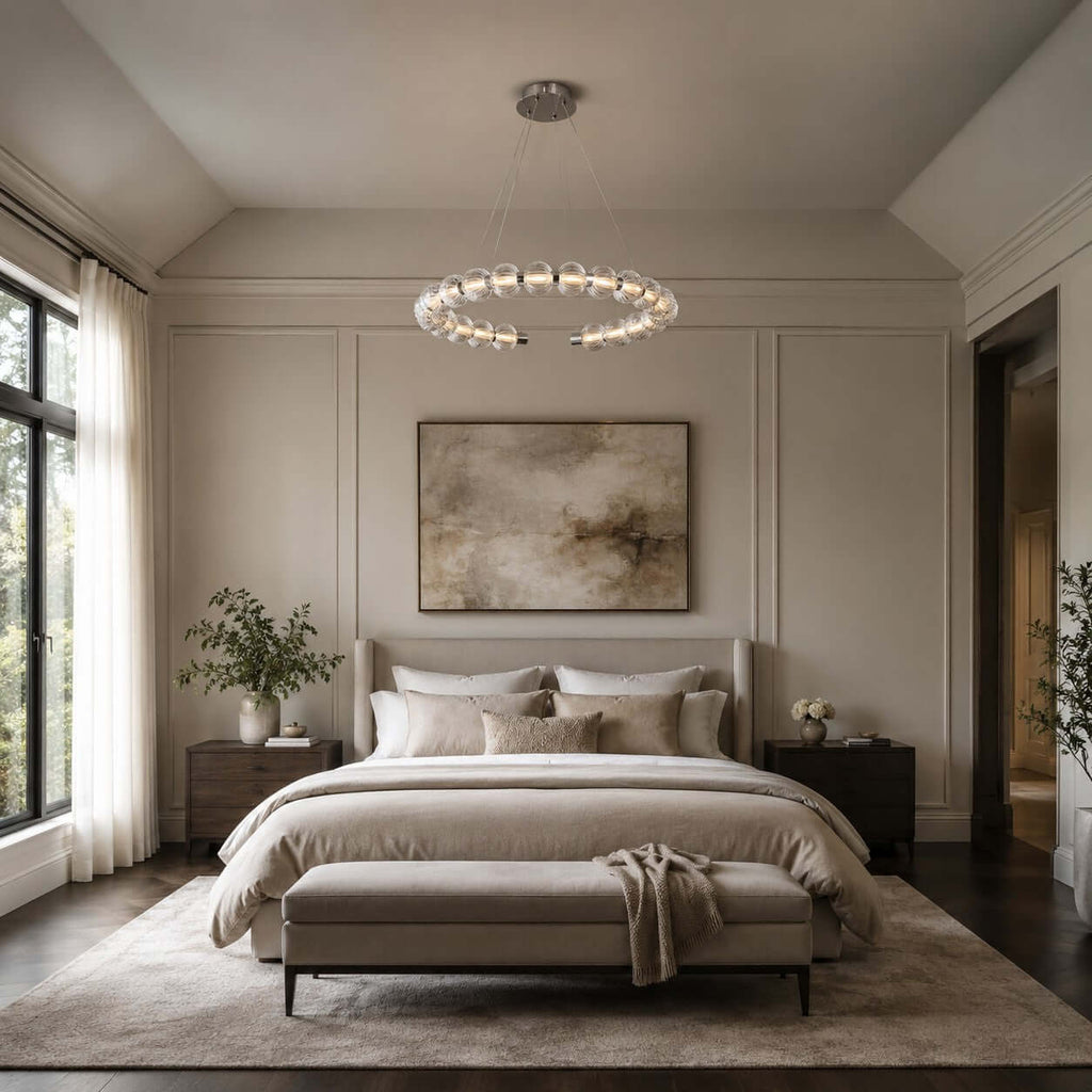 In a panelled bedroom with a cream bed and a bench at its foot, a horizontal Clérachic pendant ring hangs from the ceiling.