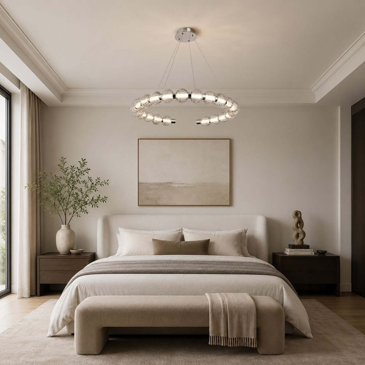 Wide view of a Clérachic pendant ring hung over a bedroom with a cream upholstered bench and an olive branch in a vase.