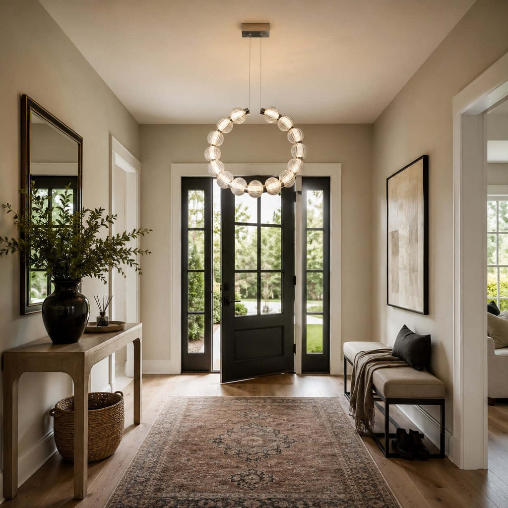 In an entrance hall with a black-framed glass door and a long rug, this Clérachic pendant hangs as a vertical ring of beads.