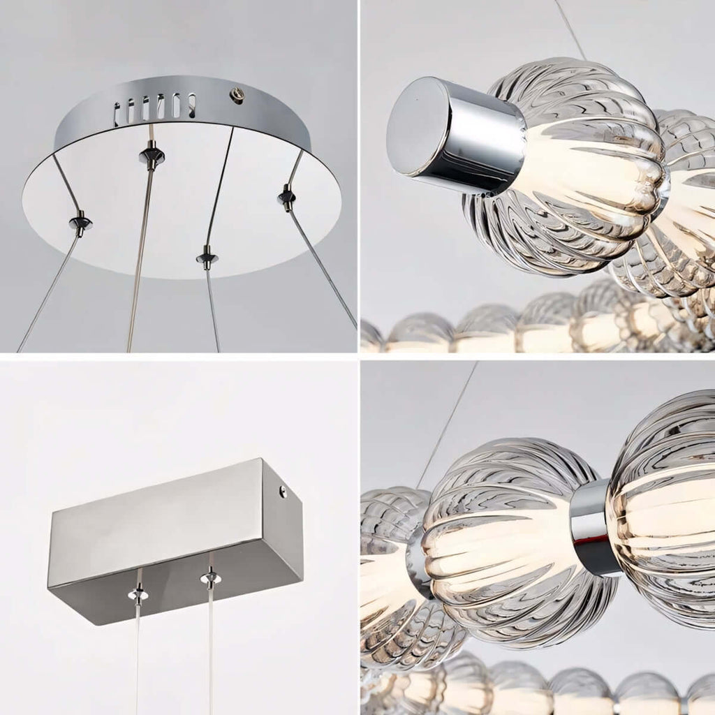 Four close views of this Clérachic pendant: the round chrome canopy, a bead end, the rectangular canopy and two ribbed glass beads.