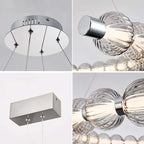 Four close views of this Clérachic pendant: the round chrome canopy, a bead end, the rectangular canopy and two ribbed glass beads.