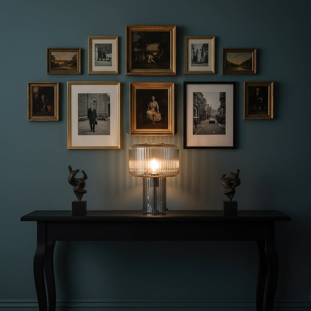 Lit ribbed glass Clérachic lamp on a black console table, under a gathered wall of framed prints and flanked by two small figures.