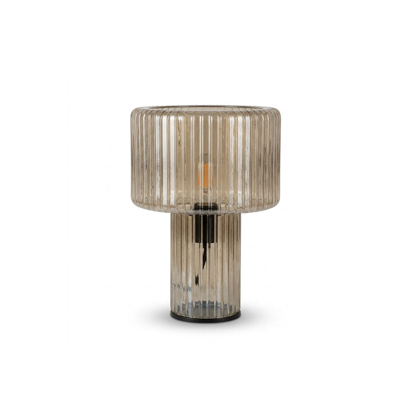 Cognac ribbed glass Clérachic table lamp with a black base ring and a visible filament bulb, on a white background.