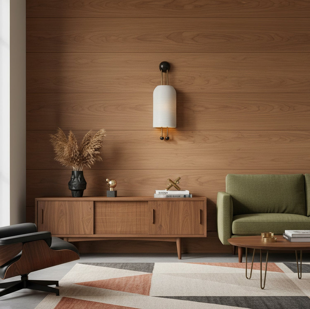 Clérachic wall sconce with a ribbed white shade on a warm wood-panelled wall, above a walnut sideboard with dried grasses and a green armchair.