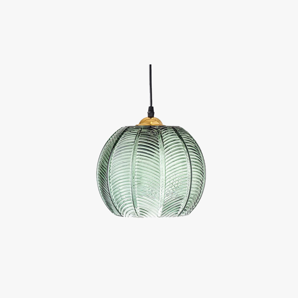 Studio view of the Clérachic Ribbed Green Glass Pendant Light on a white background, showing the domed gold-tone cap and black fabric flex.