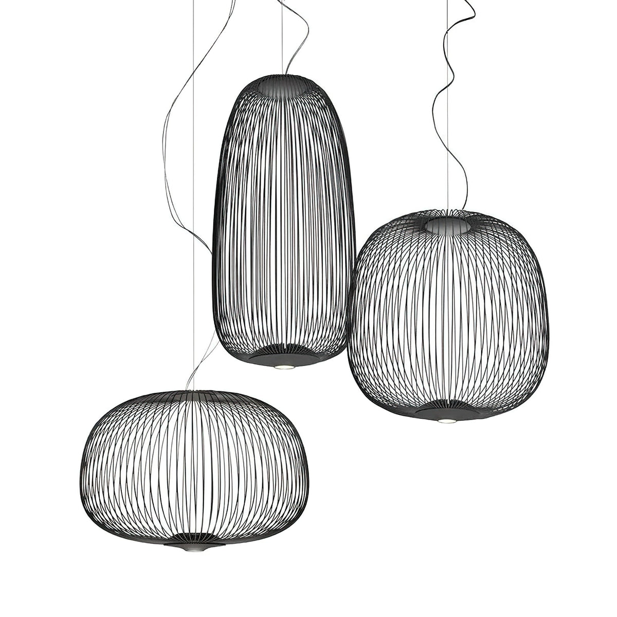 A line illustration of three Clérachic wire-cage pendants in different sizes hung together, in a tall oval, a dome and a low drum.