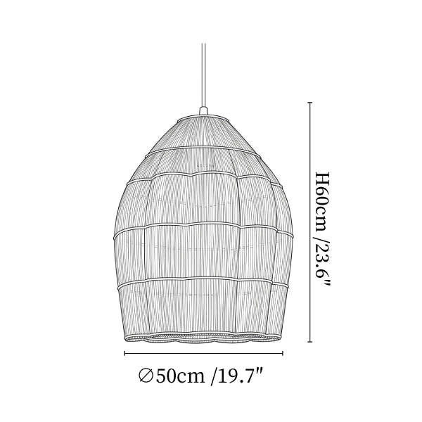 Clérachic pendant light dimension drawing, 1 of 3, every measurement marked in centimetres and inches.