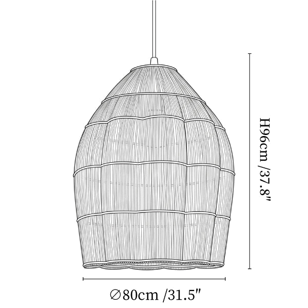 Clérachic pendant light dimension drawing, 3 of 3, every measurement marked in centimetres and inches.