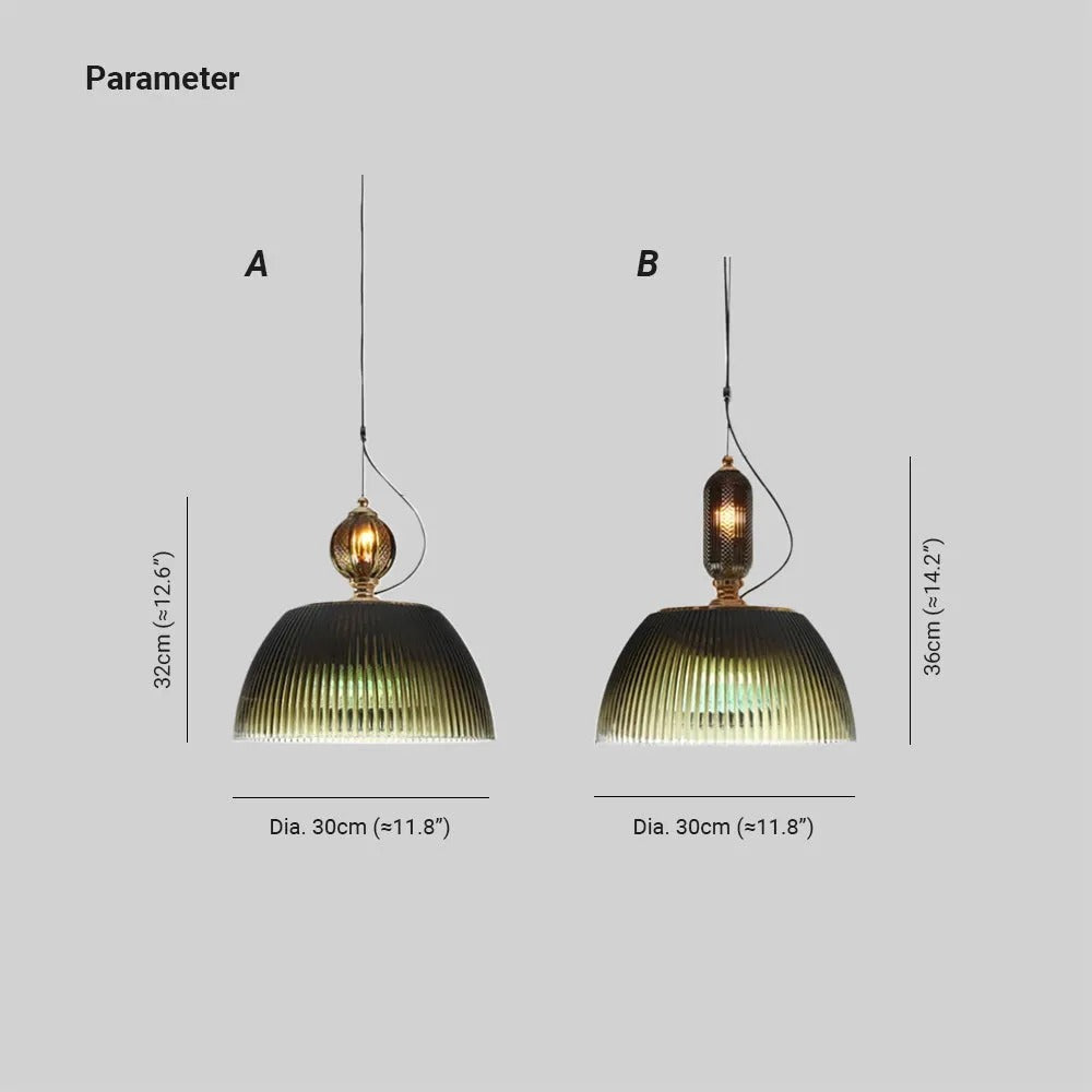Dimension drawing for the Clérachic ribbed pendant: Style A 30 cm/11.8 in wide, 32 cm/12.6 in tall; Style B 30 cm/11.8 in wide, 36 cm/14.2 in tall.
