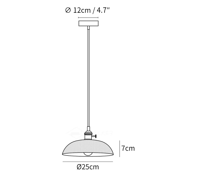 Dimension drawing of the ribbed spiral pendant light, in outline against white.