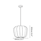 Clérachic pendant light dimension drawing, 1 of 4, every measurement marked in centimetres and inches.