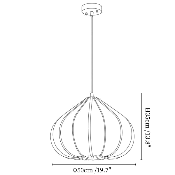 Clérachic pendant light dimension drawing, 4 of 4, every measurement marked in centimetres and inches.