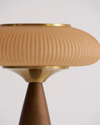 Close view of the ribbed cinnamon shade and brass collar of this Clérachic lamp against a soft grey wall.