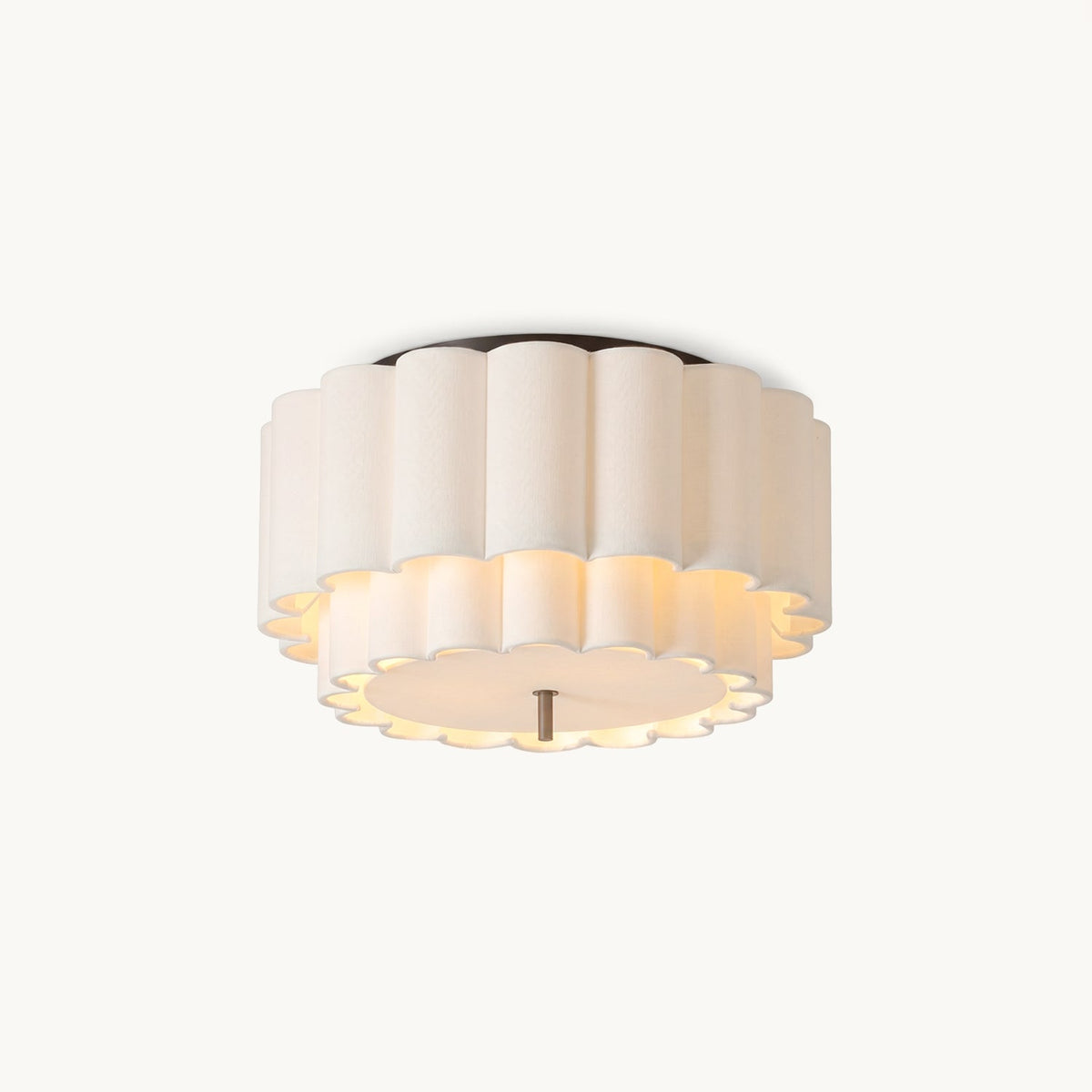 This Clérachic ceiling light on a plain white backdrop, two tiers of scalloped white fabric around a round diffuser and a small dark centre rod.