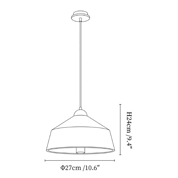 Clérachic pendant light dimension drawing, 1 of 2, every measurement marked in centimetres and inches.