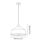 Clérachic pendant light dimension drawing, 1 of 2, every measurement marked in centimetres and inches.