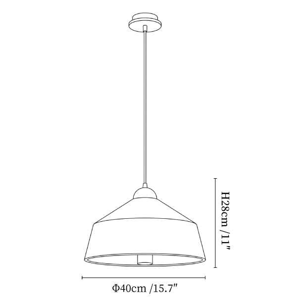Clérachic pendant light dimension drawing, 2 of 2, every measurement marked in centimetres and inches.