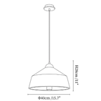 Clérachic pendant light dimension drawing, 2 of 2, every measurement marked in centimetres and inches.