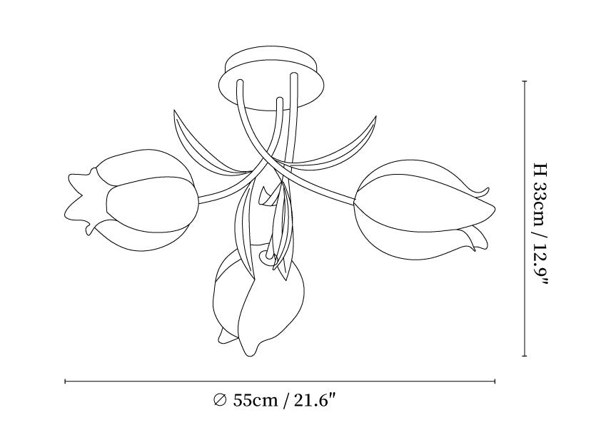 Dimension drawing of the ricko ceiling light, in outline against white.