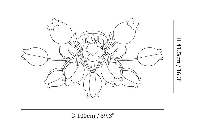 Dimension drawing of the ricko ceiling light, in outline against white.