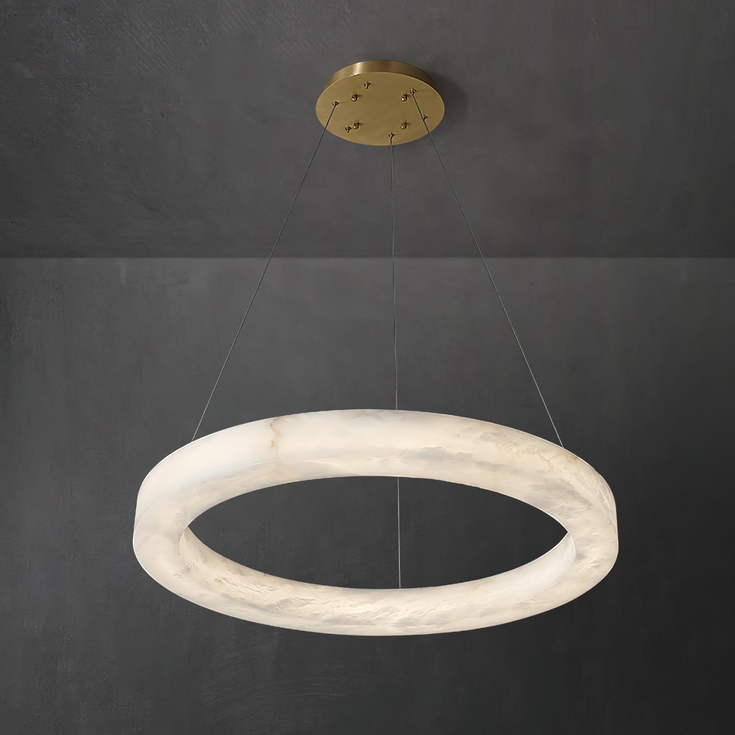 Clérachic chandelier in a large ring size, the alabaster glowing evenly the whole way round its circumference.