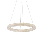 Clérachic ring chandelier from below on a plain backdrop, brass bolts fixing the cables into the alabaster.