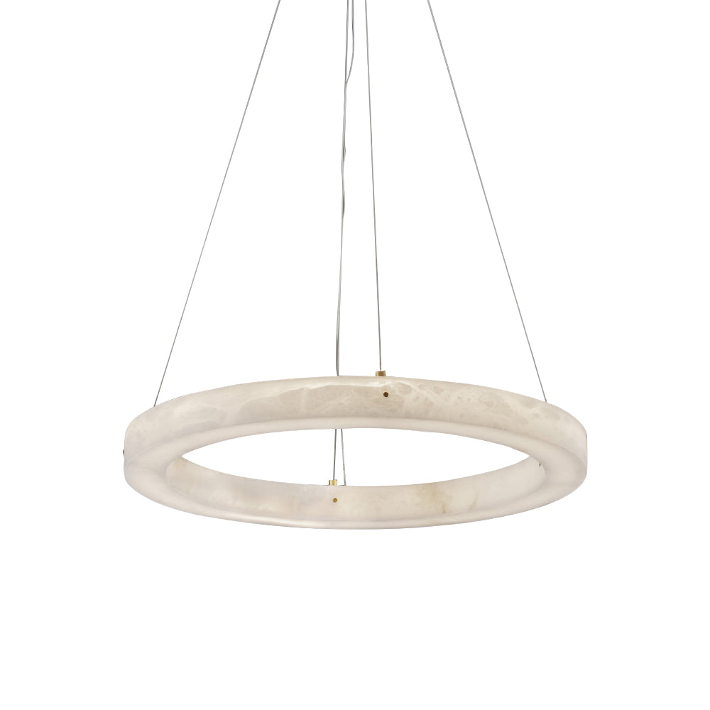 Clérachic ring chandelier from below on a plain backdrop, brass bolts fixing the cables into the alabaster.