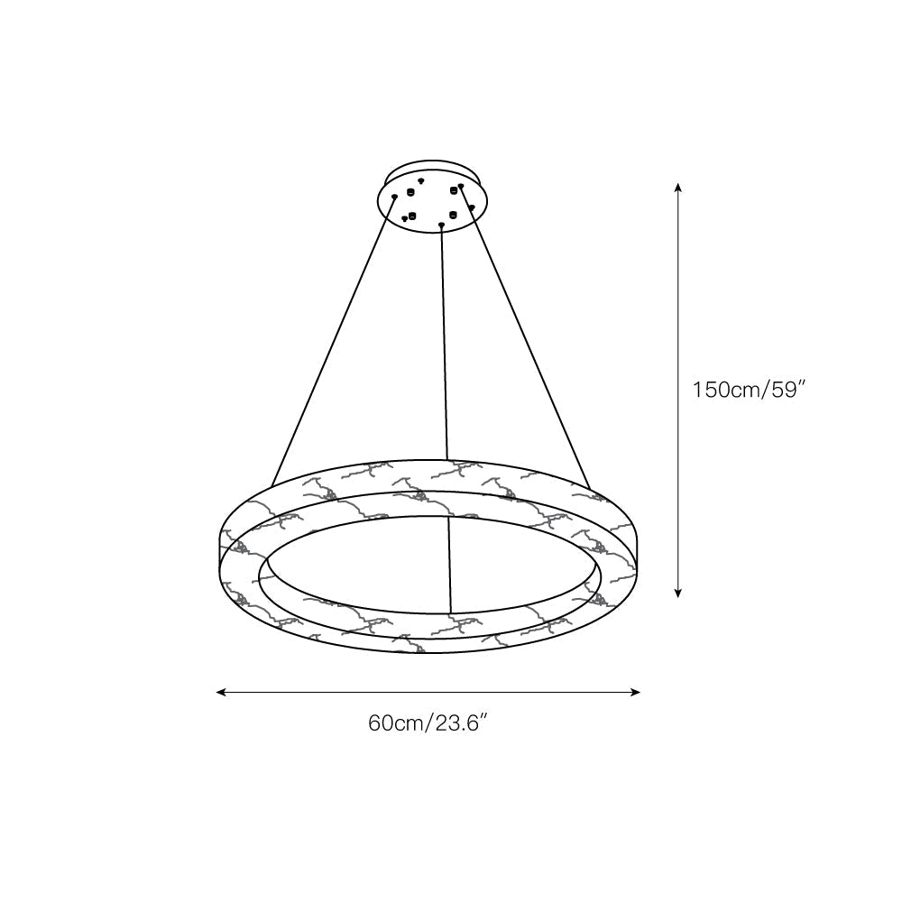 Clérachic chandelier dimension drawing showing a 60 cm / 23.6 in ring on the same 150 cm / 59 in drop.