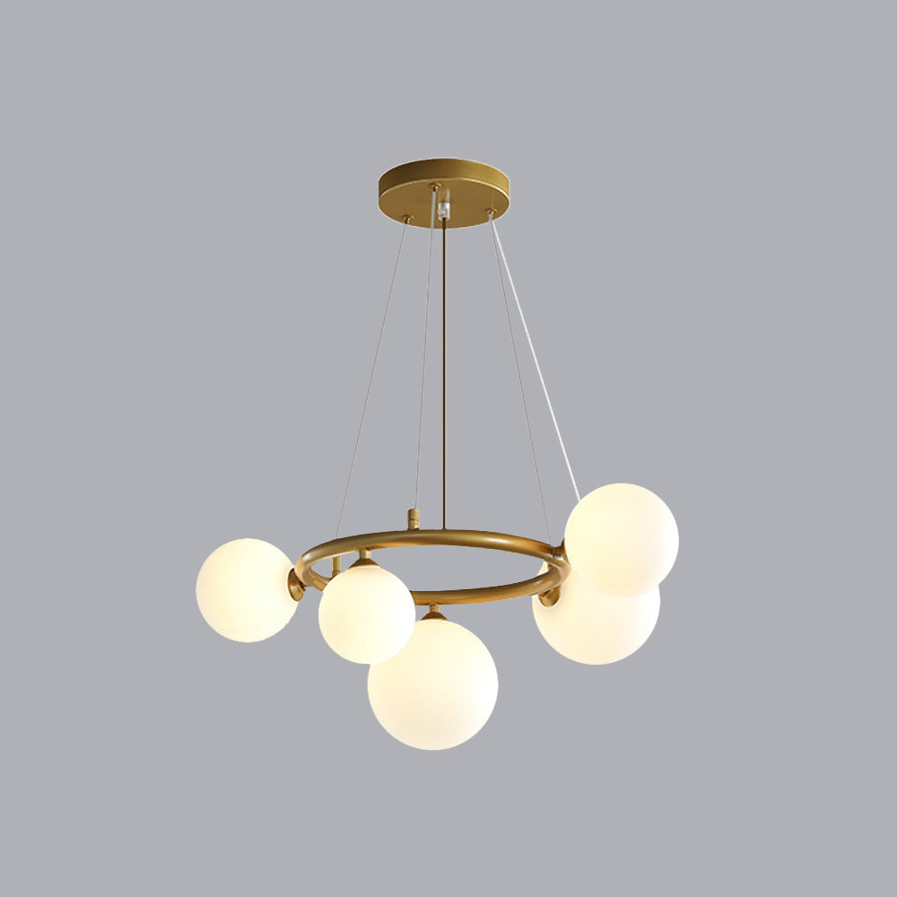 The brass Clérachic ring-frame pendant with 5 opal glass globes, shown full-length from its round ceiling canopy.
