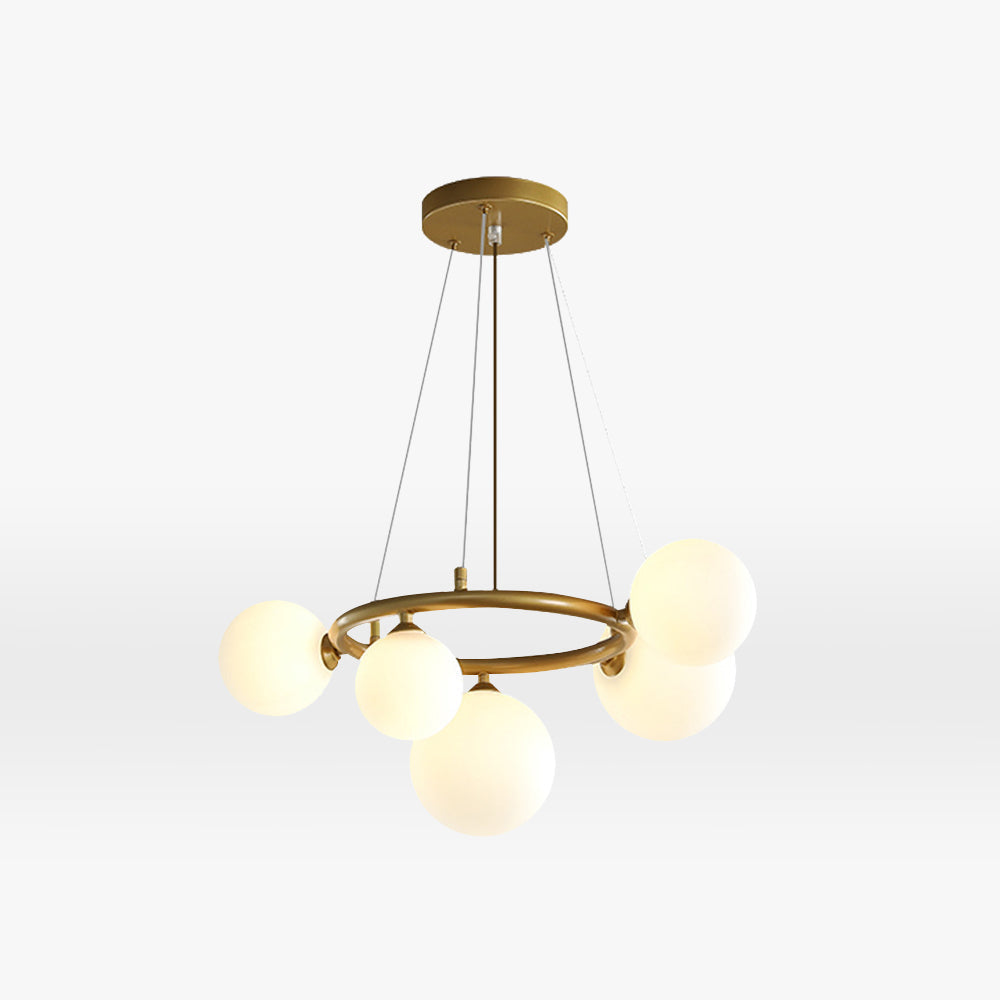 Full studio shot of the brass Clérachic ring-frame pendant with 5 opal glass globes and its black ceiling canopy.