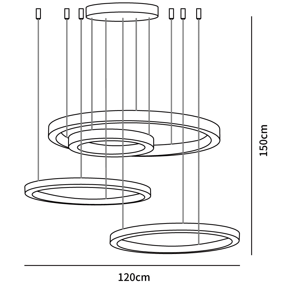 Dimension drawing of this Clérachic ring pendant cluster, with its height of 150 cm and width of 120 cm marked.