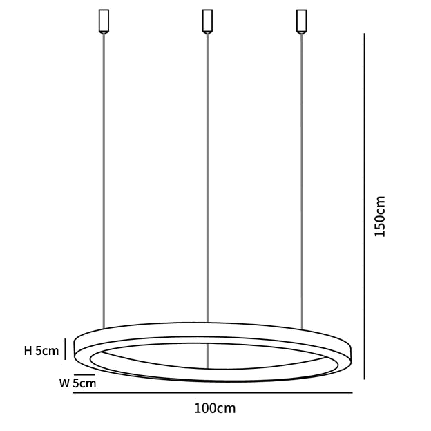 Dimension drawing of this Clérachic ring pendant, with its 150 cm drop, 100 cm diameter and 5 cm ring depth and width marked.