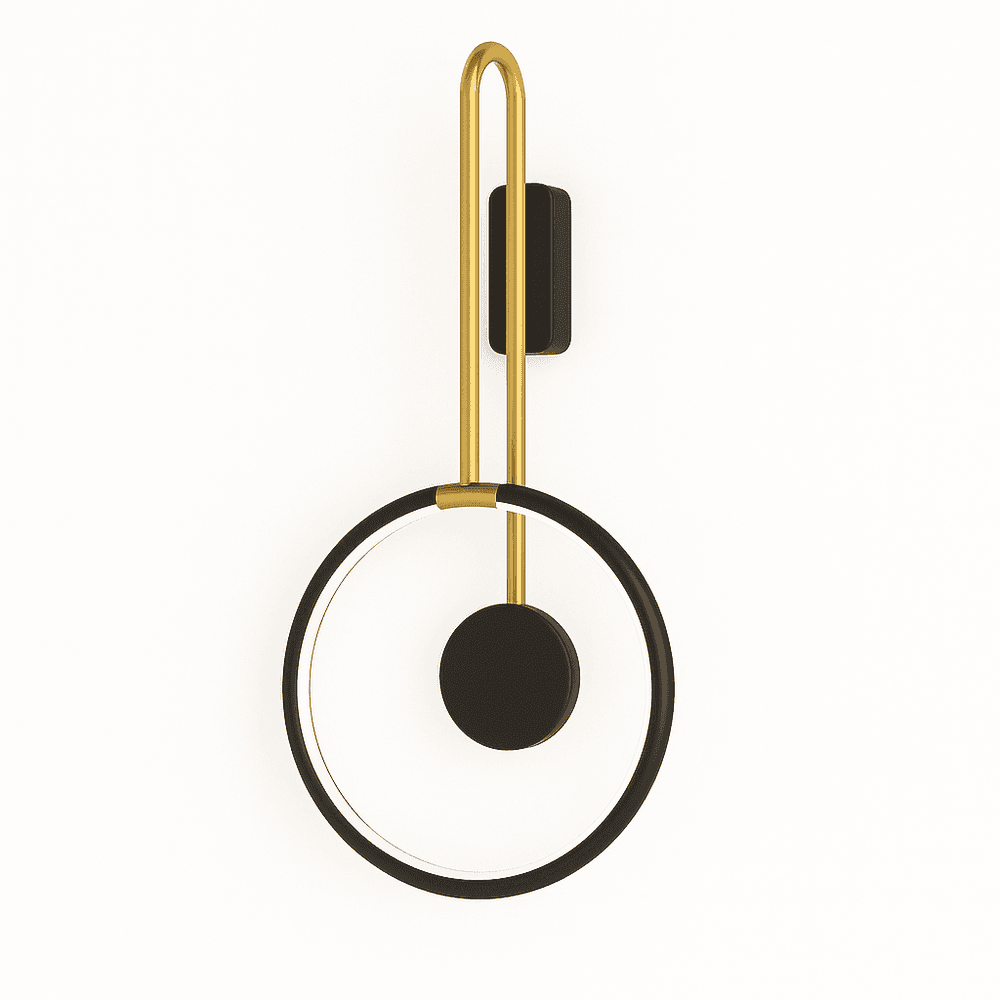 Clérachic black ring wall light with a brass-toned U-shaped arm and a black disc, lit with a thin inner glow on white.