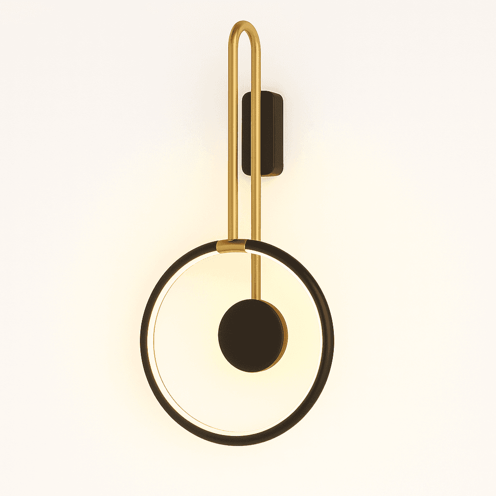 Clérachic wall light with a black ring, black disc and brass-toned arm, glowing warm against a soft cream backdrop.